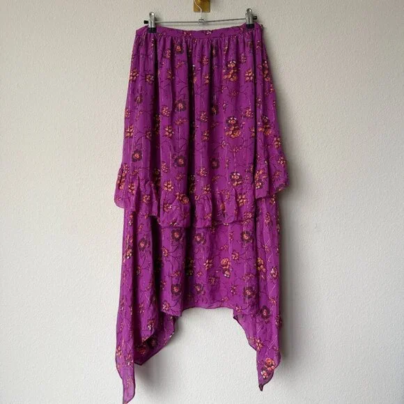 Ulla Johnson Torri Magenta Floral Silk Handkerchief Skirt Size 8 - Picture 3 of 6